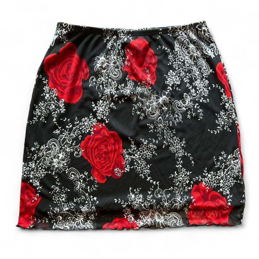 Vintage 90s Fashion Bug Red Rose Sheer Mesh Overlay Midi Skirt S